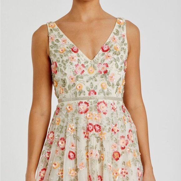 Mac Duggal 5527 Cream V-Neck Sleeveless Midi Floral Beaded A-line Dress 10 - Picture 5 of 14
